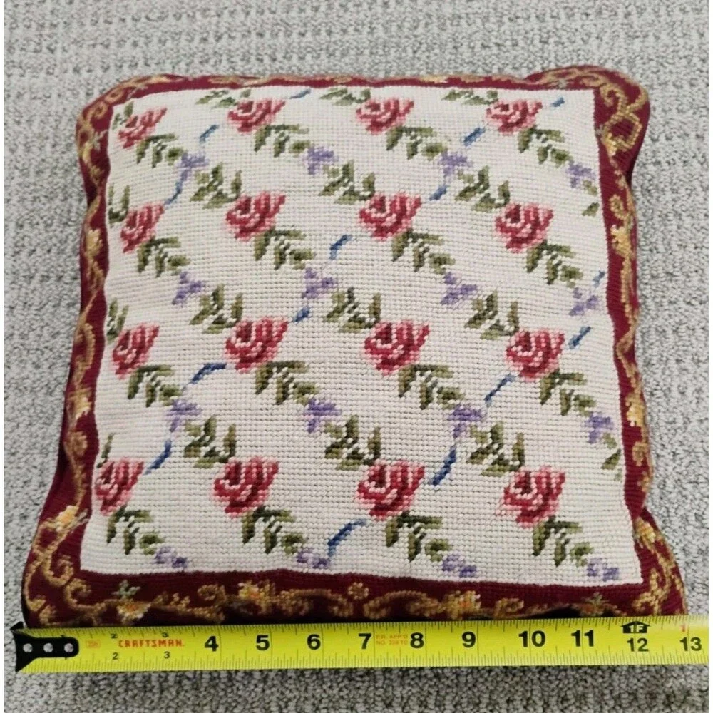 Vtg Rose Handmade Needlepoint Pillow 13